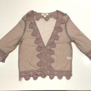 ISSI Delicate Lace Sheer Cardigan in Soft Brown • Small